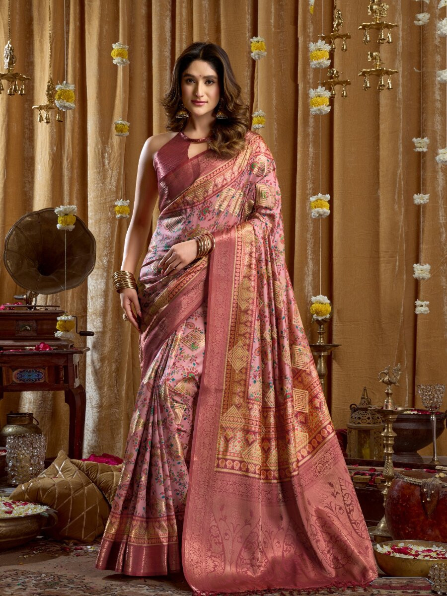 Pink Soft Silk Blend Printed Wedding Reception Party Festival Casual Heavy Border Sarees
