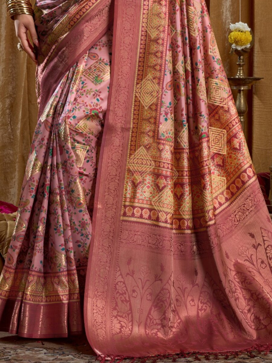 Pink Soft Silk Blend Printed Wedding Reception Party Festival Casual Heavy Border Sarees