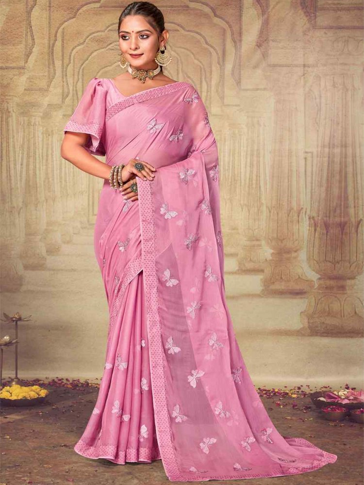 Pink Soft Silk Chiffon Embroidered Wedding Party Heavy Border Saree