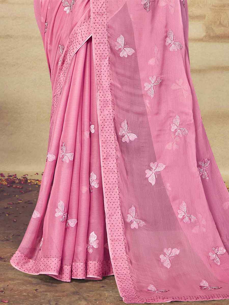 Pink Soft Silk Chiffon Embroidered Wedding Party Heavy Border Saree