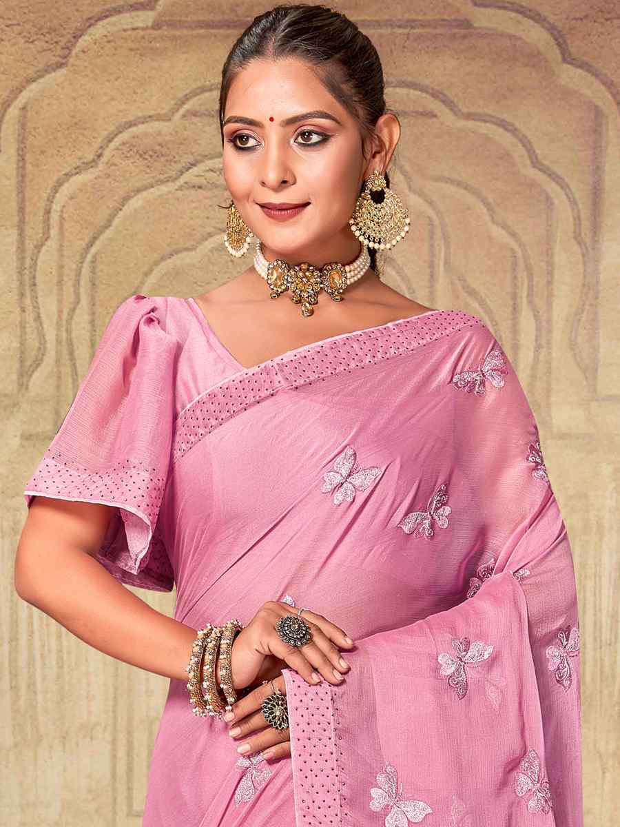 Pink Soft Silk Chiffon Embroidered Wedding Party Heavy Border Saree