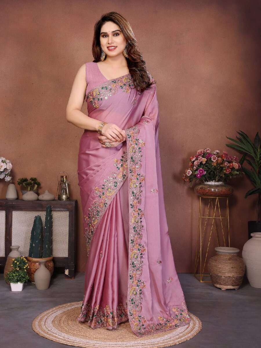 Pink Soft Silk Embroidery Wedding Reception Party Festival Casual Heavy Border Sarees
