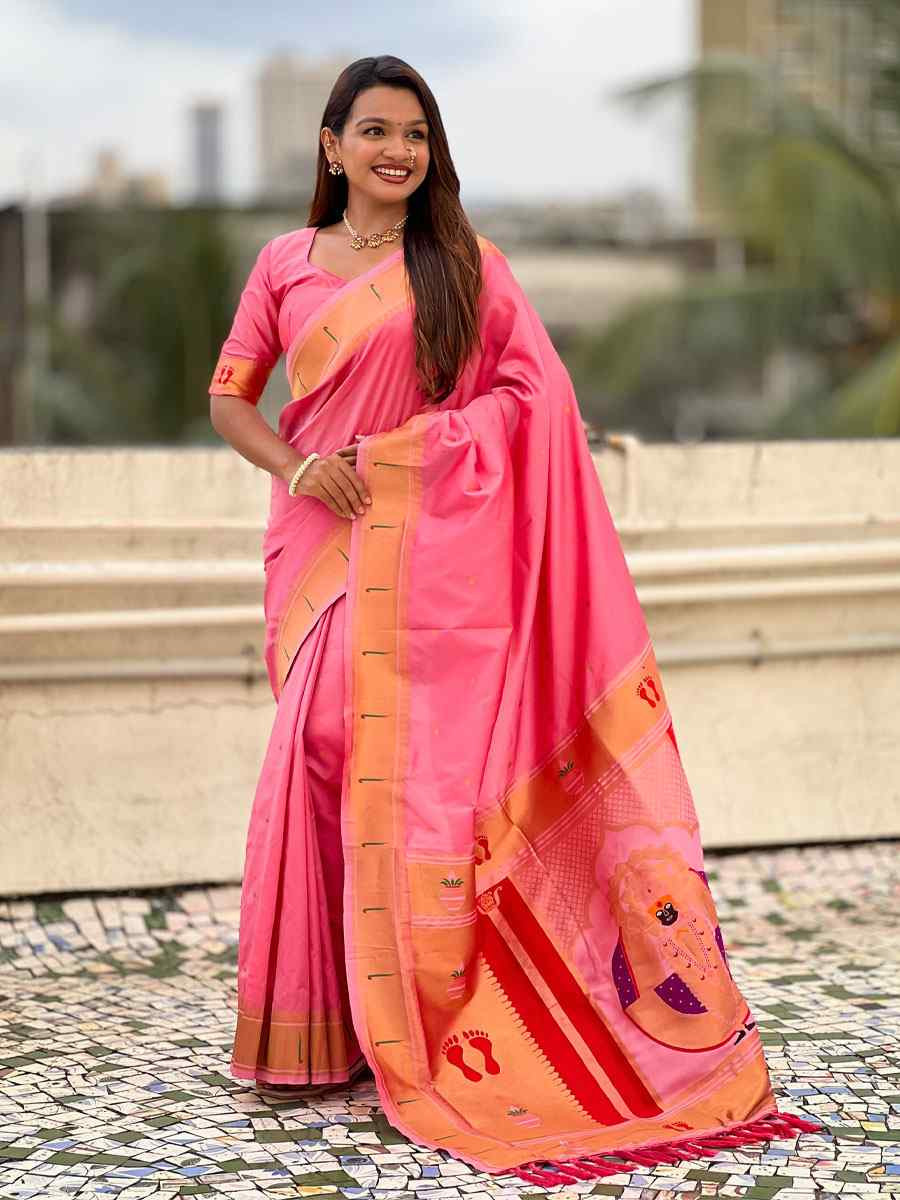 Pink Soft Silk Handwoven Casual Reception Festival Wedding Fancy Classic Style Sarees
