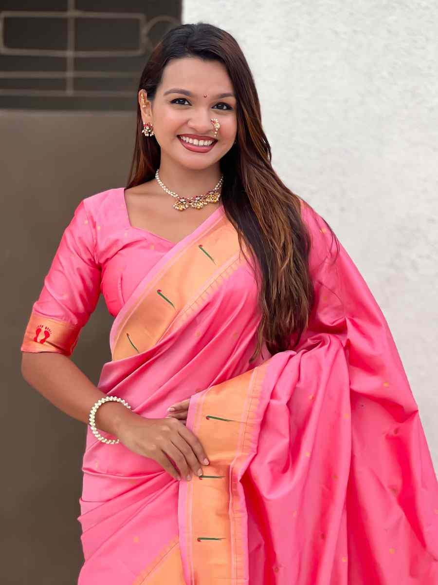 Pink Soft Silk Handwoven Casual Reception Festival Wedding Fancy Classic Style Sarees