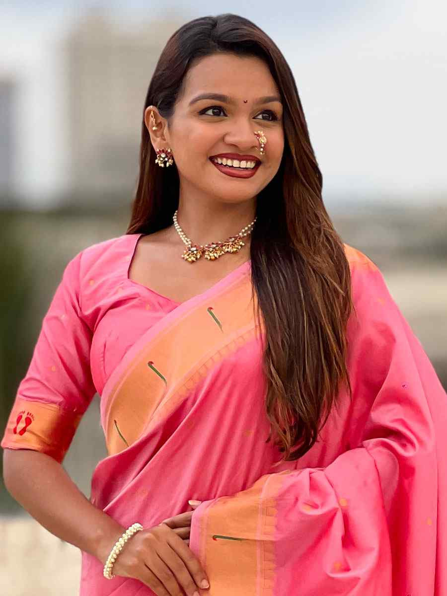 Pink Soft Silk Handwoven Casual Reception Festival Wedding Fancy Classic Style Sarees