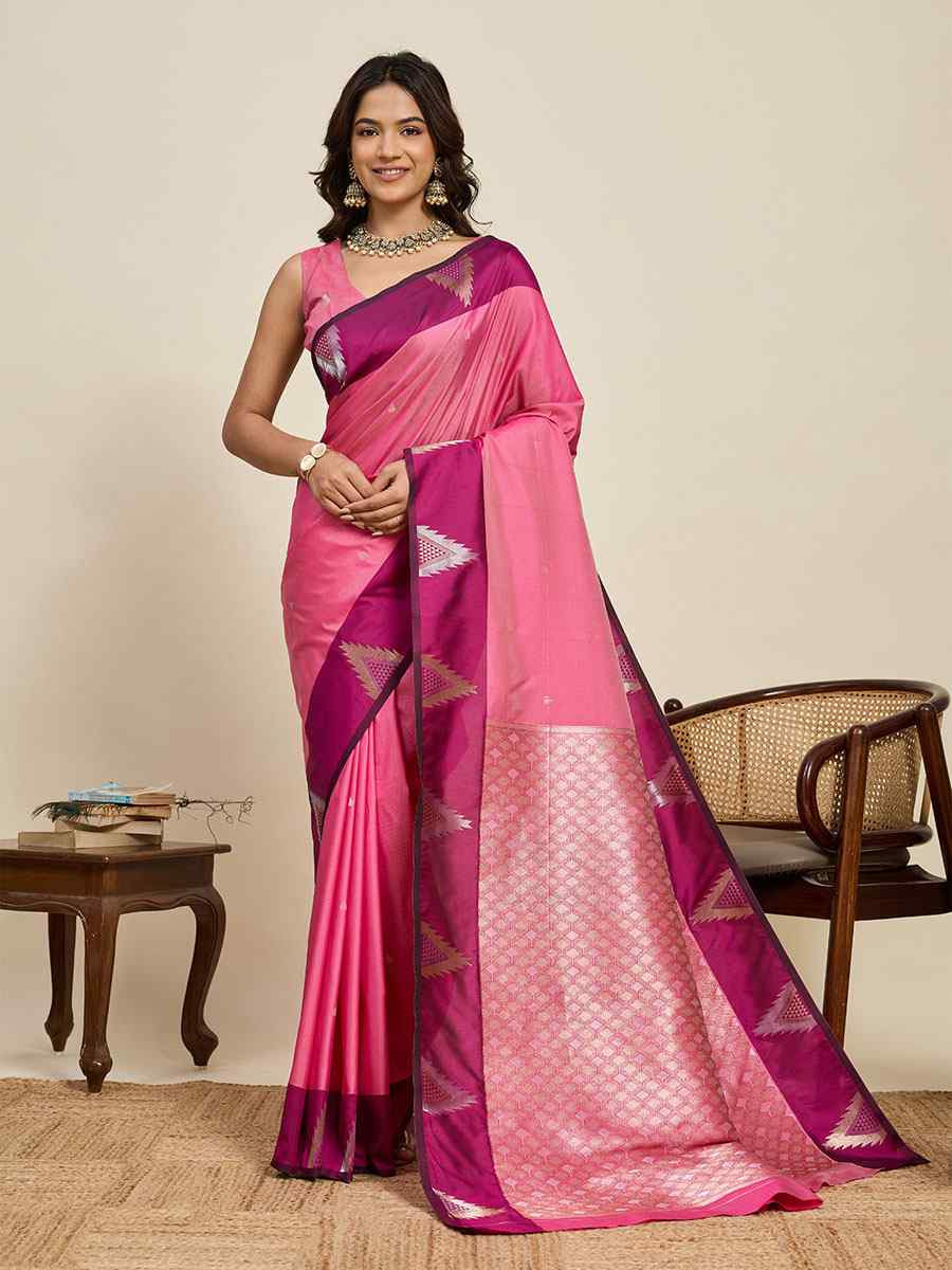 Pink Soft Silk Handwoven Casual Reception Festival Wedding Fancy Heavy Border Saree