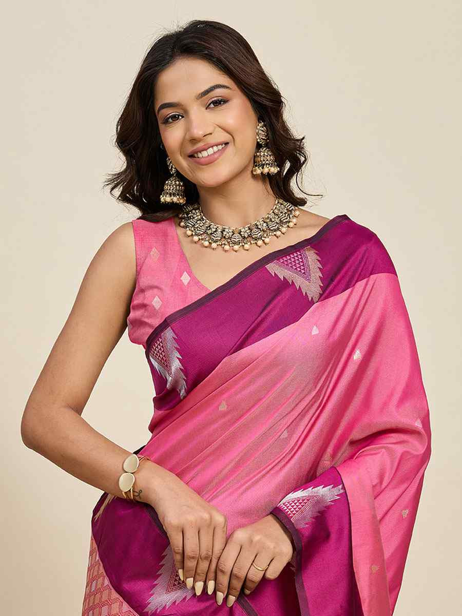 Pink Soft Silk Handwoven Casual Reception Festival Wedding Fancy Heavy Border Saree