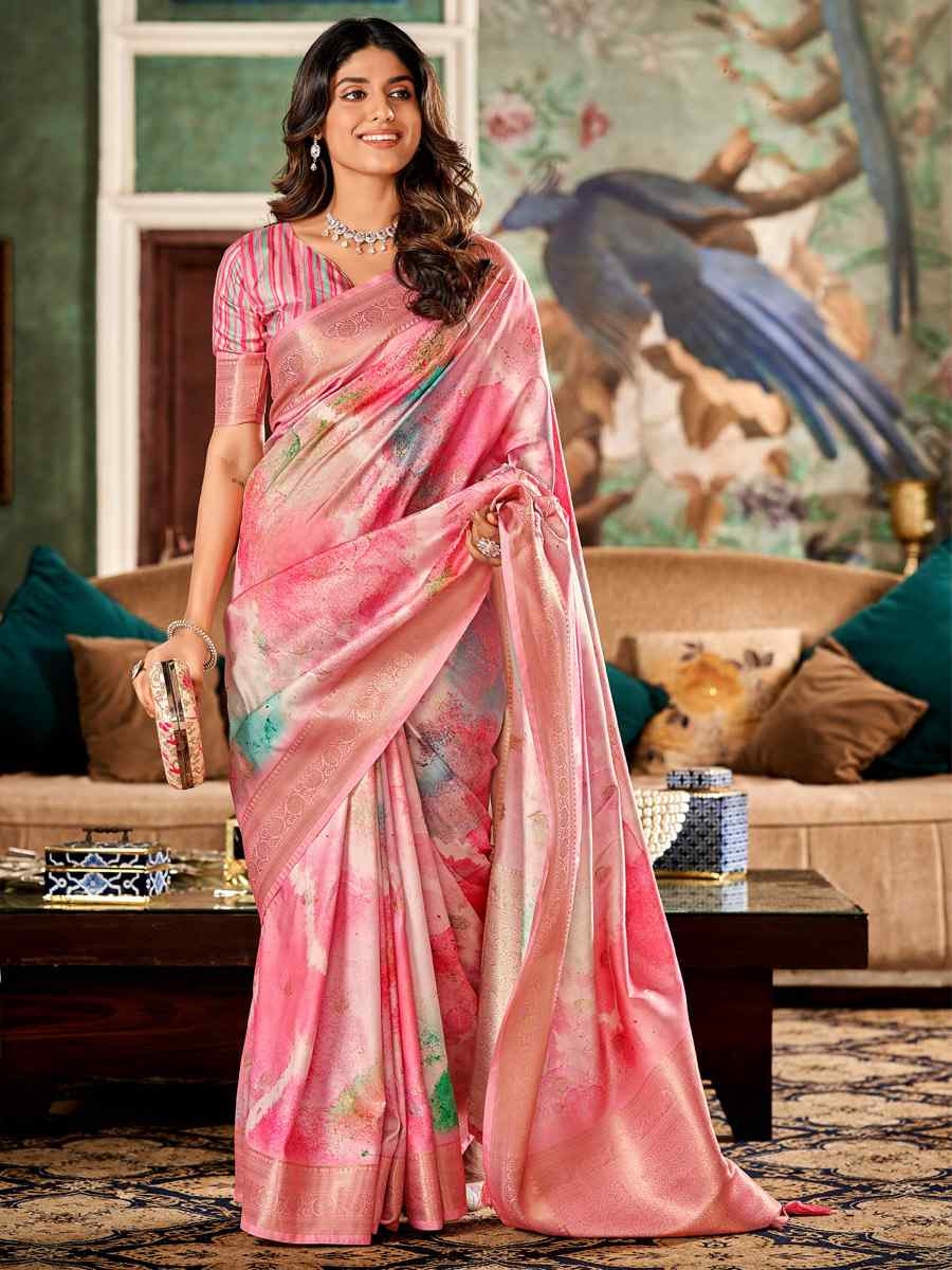 Pink Soft Silk Handwoven Festival Wedding Fancy Heavy Border Saree