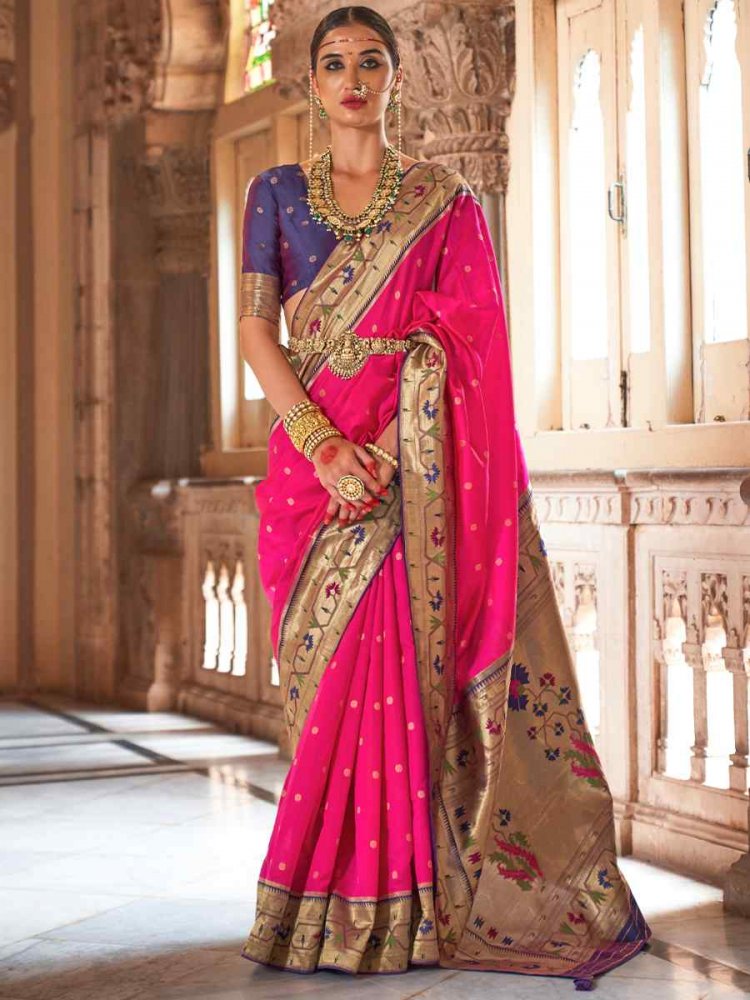 Pink Soft Silk Handwoven Wedding Bridal Heavy Border Saree