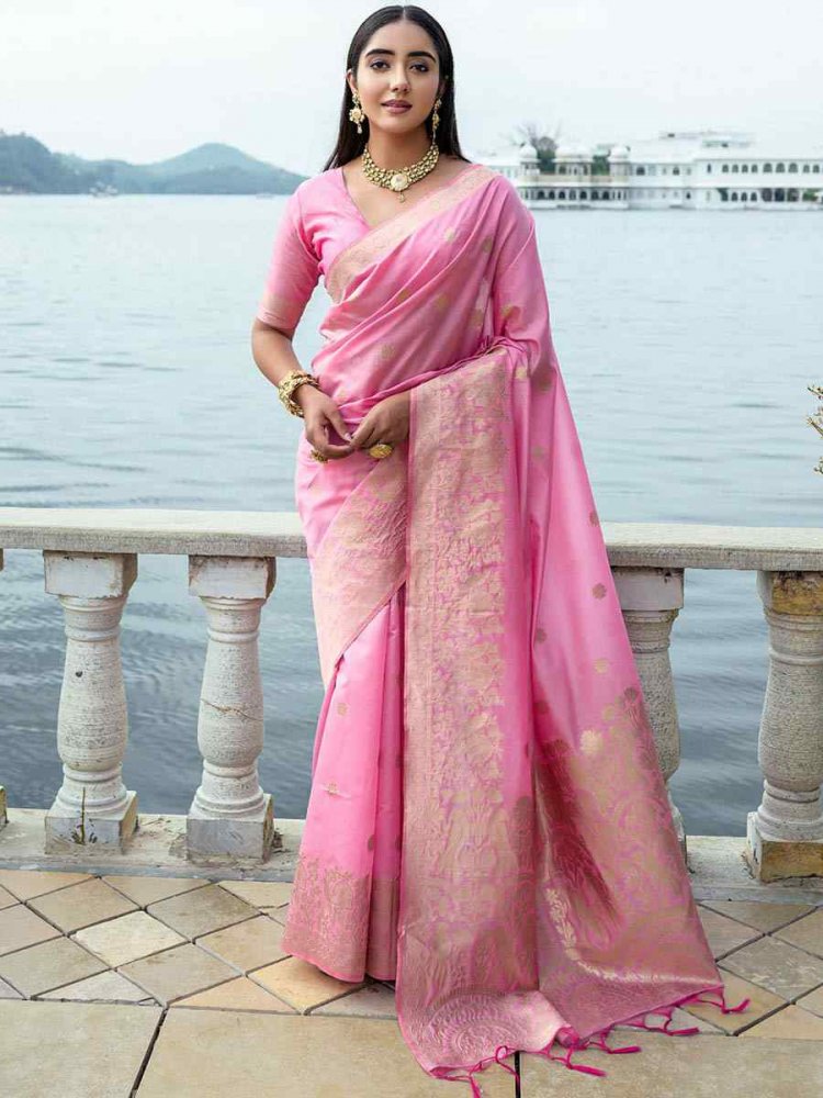 Pink Soft Silk Handwoven Wedding Festival Heavy Border Saree