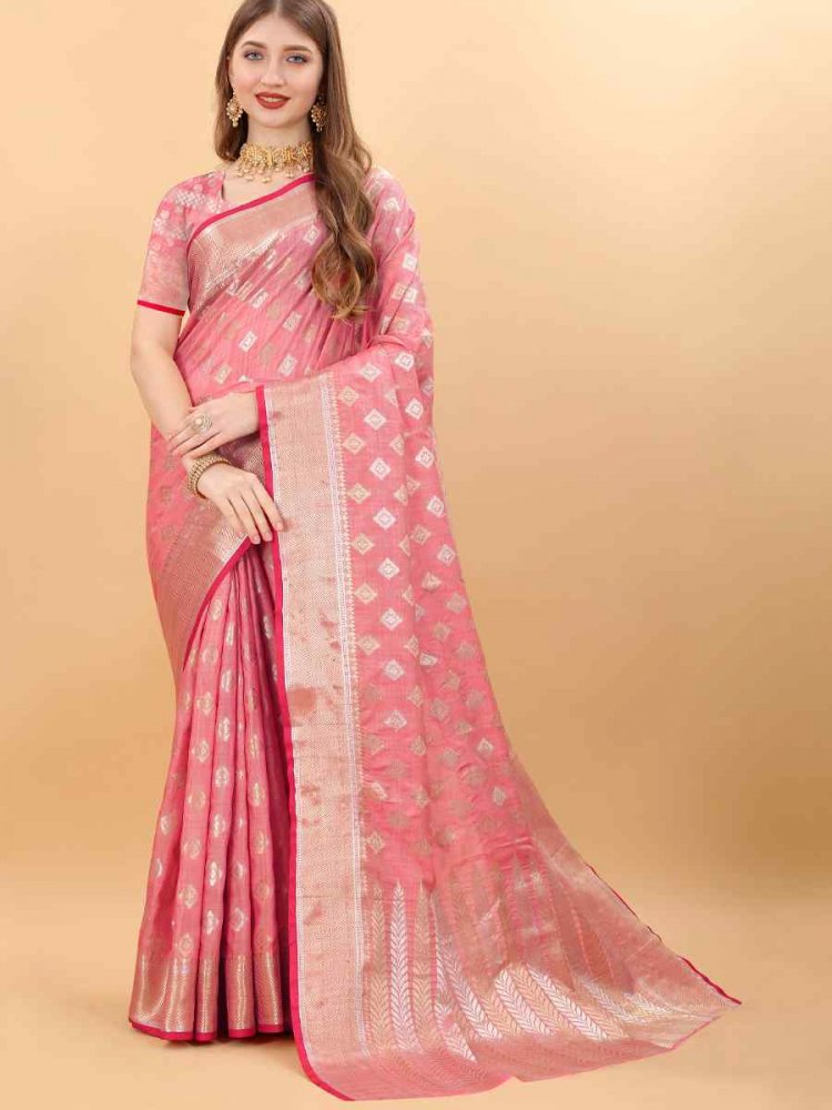 Pink Soft Silk Handwoven Wedding Festival Heavy Border Saree