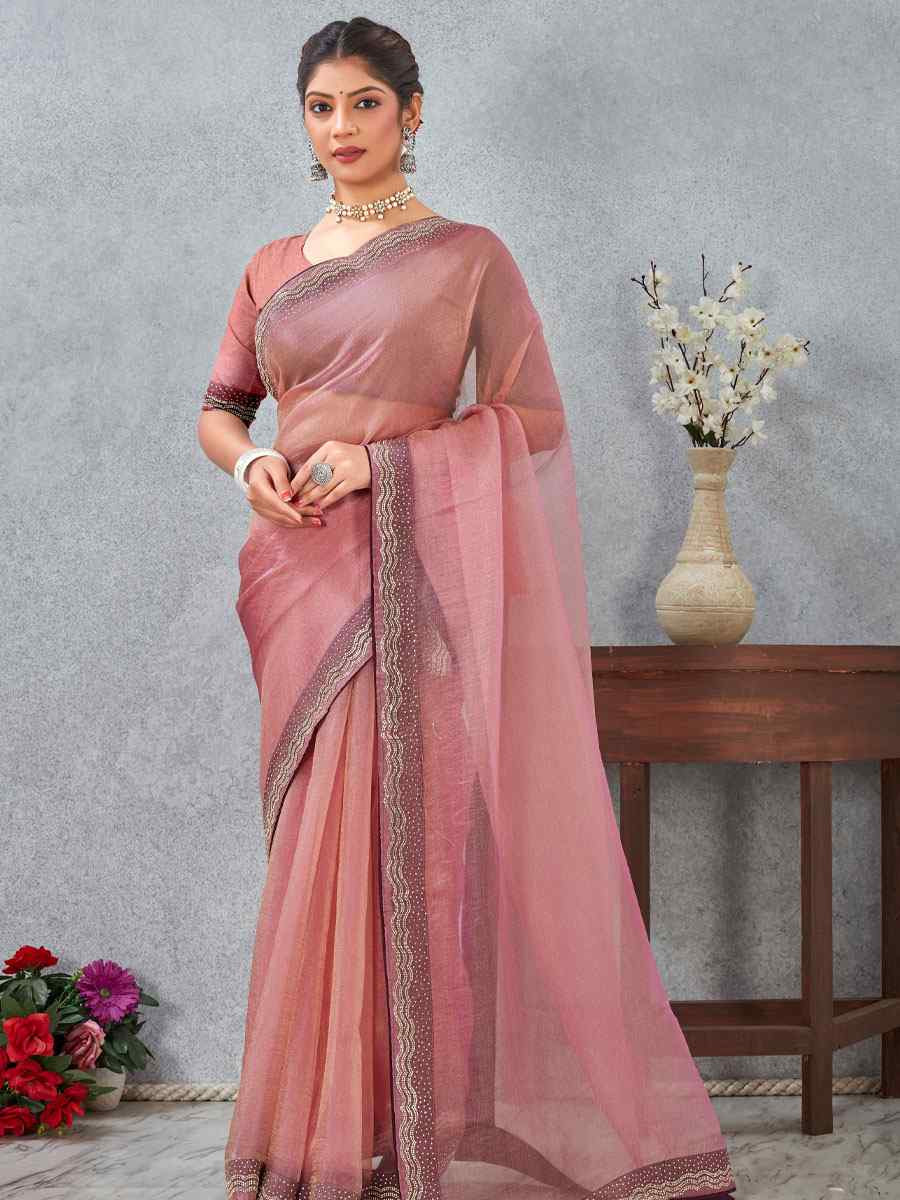 Pink Soft Silk Zircon Stone Embroidery Festival Wedding Fancy Classic Heavy Border Saree
