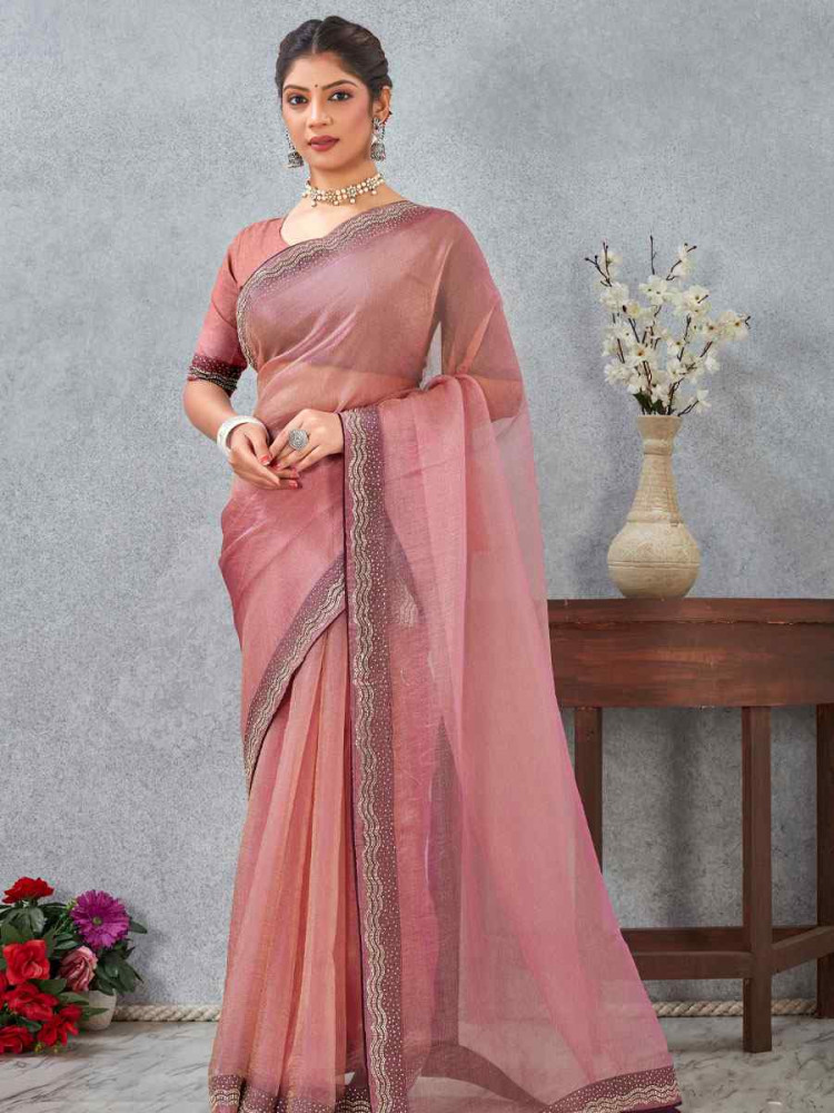 Image of Pink Soft Silk Zircon Stone Embroidery Festival Wedding Fancy Classic Heavy Border Saree