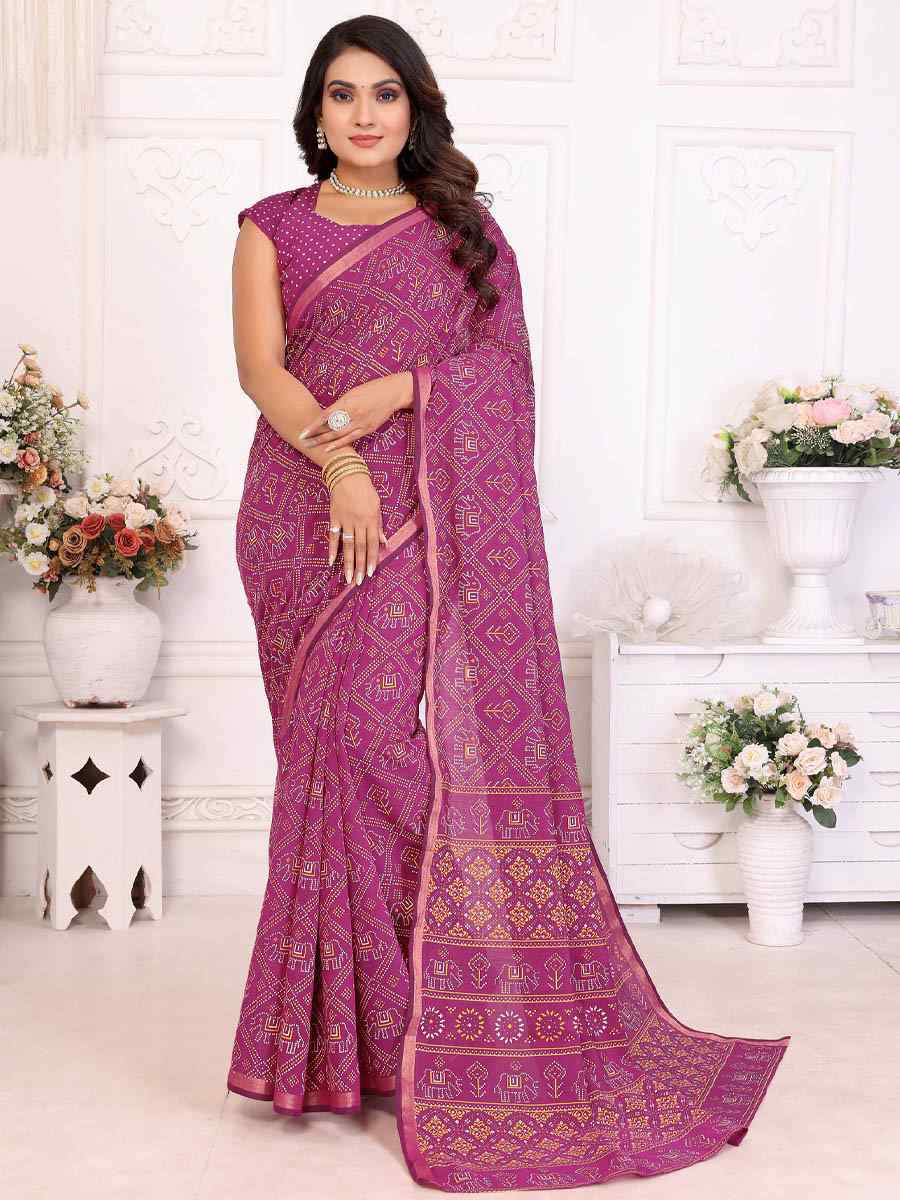 Pink Soft Soft Cotton Bandhej Print Zari Weaving Work Festival Wedding Fancy Heavy Border Saree