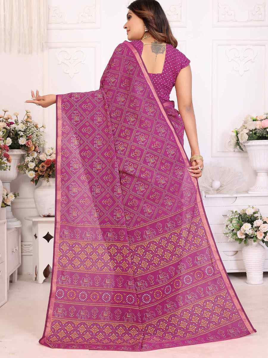 Pink Soft Soft Cotton Bandhej Print Zari Weaving Work Festival Wedding Fancy Heavy Border Saree