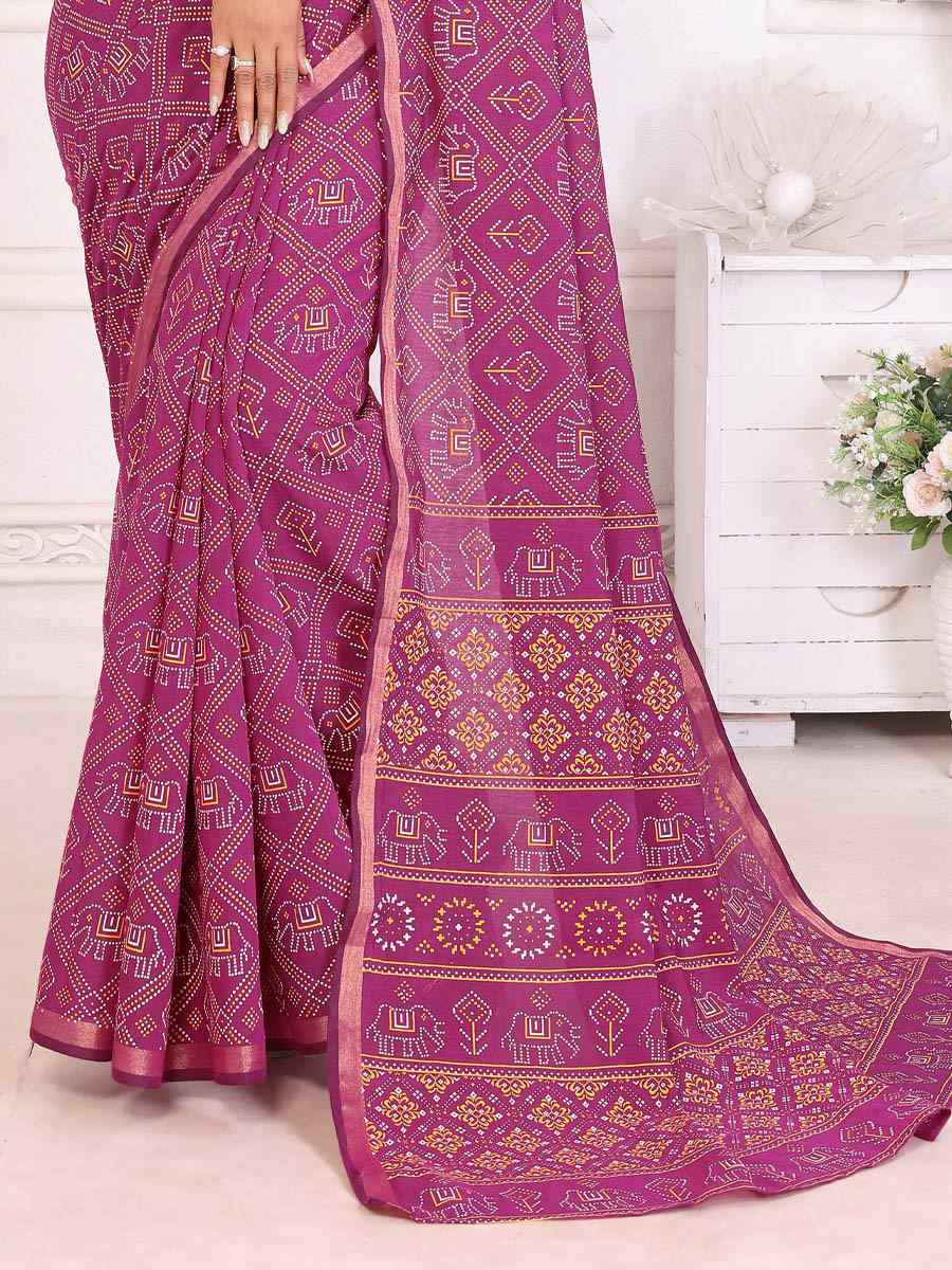 Pink Soft Soft Cotton Bandhej Print Zari Weaving Work Festival Wedding Fancy Heavy Border Saree