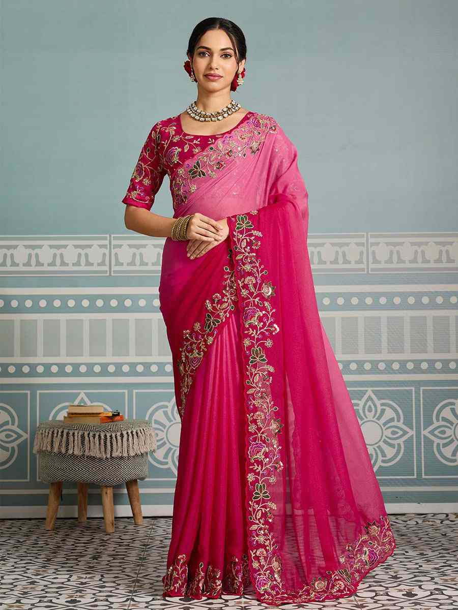Pink Soft Star Georgette Embroidery Bridal Reception Festival Wedding Fancy Heavy Border Saree