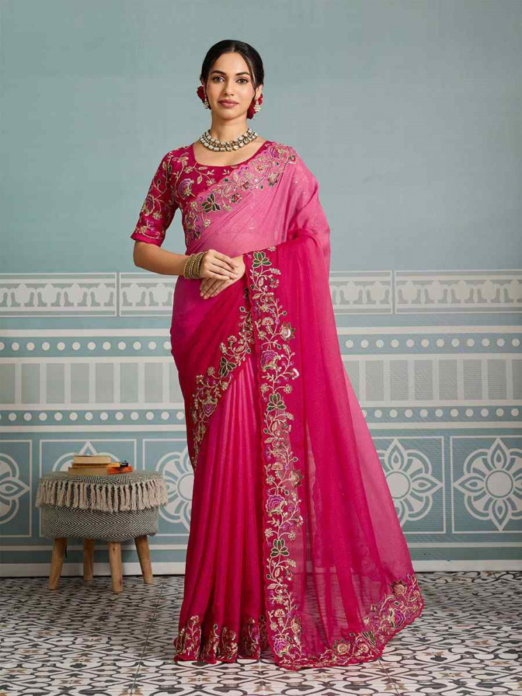 Image of Pink Soft Star Georgette Sequins Embroidery Festival Wedding Fancy Classic Heavy Border Saree