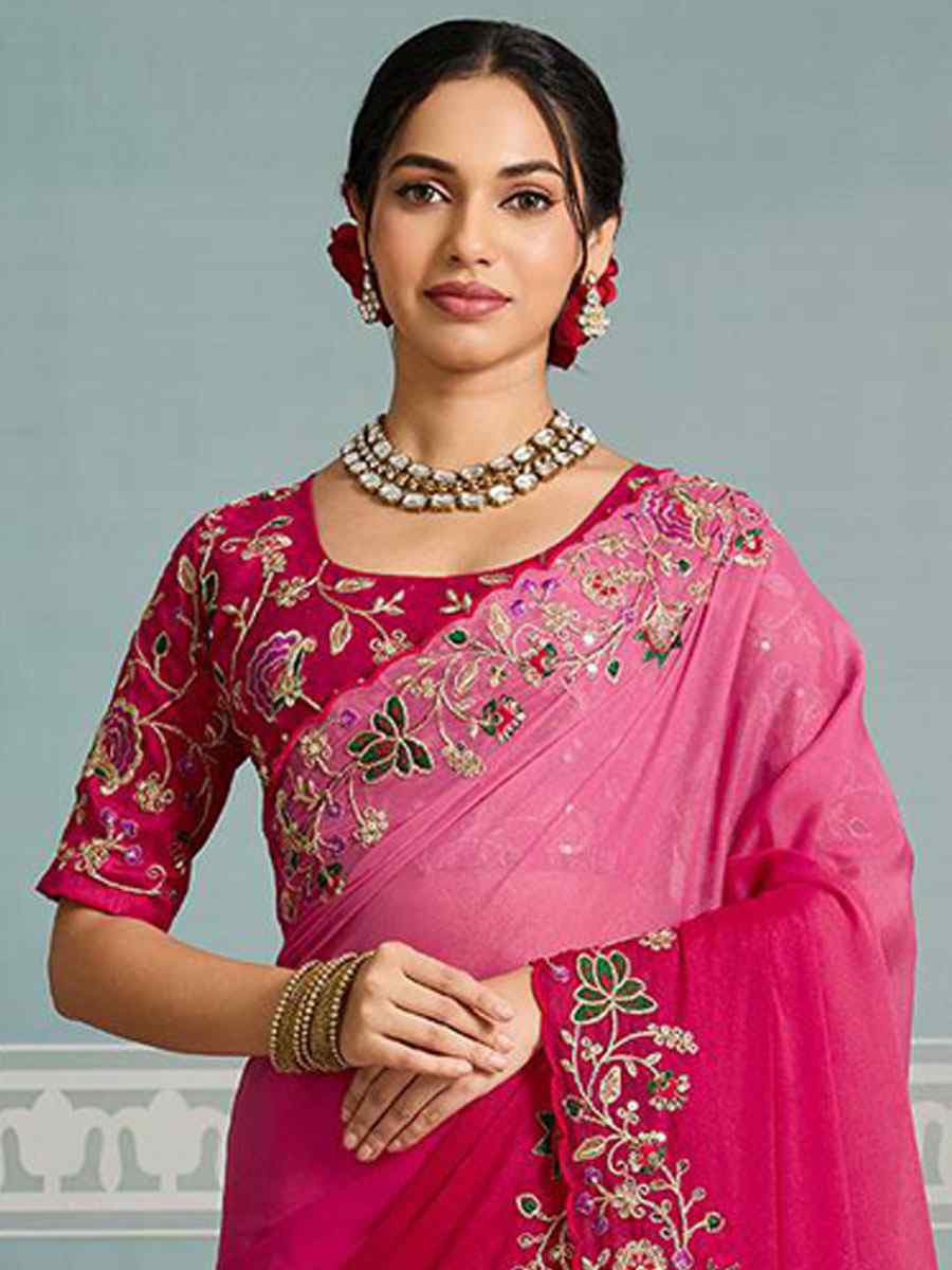 Pink Soft Star Georgette Sequins Embroidery Festival Wedding Fancy Classic Heavy Border Saree