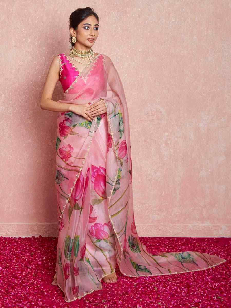 Pink Soft Tebi Silk Embroidered Festival Wedding Fancy Heavy Border Saree