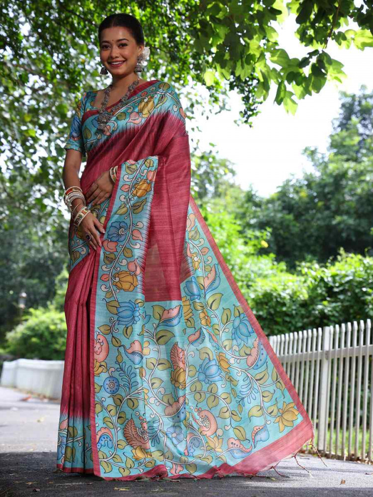 Image of Pink Soft Tussar Silk Printed Casual Reception Festival Wedding Fancy Classic Style Sarees