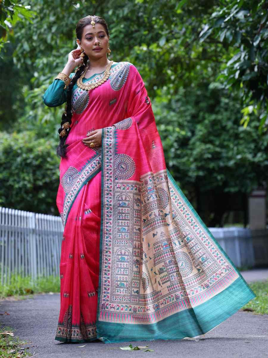 Pink Soft Tussar Silk Printed Casual Reception Festival Wedding Fancy Heavy Border Saree