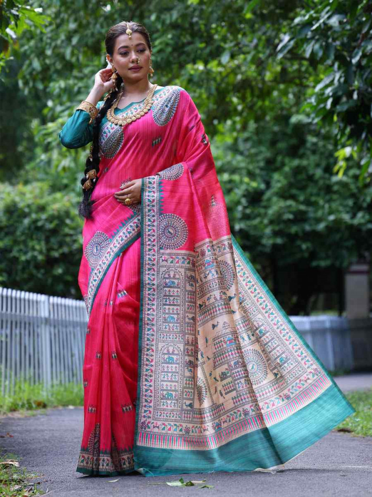 Image of Pink Soft Tussar Silk Printed Casual Reception Festival Wedding Fancy Heavy Border Saree