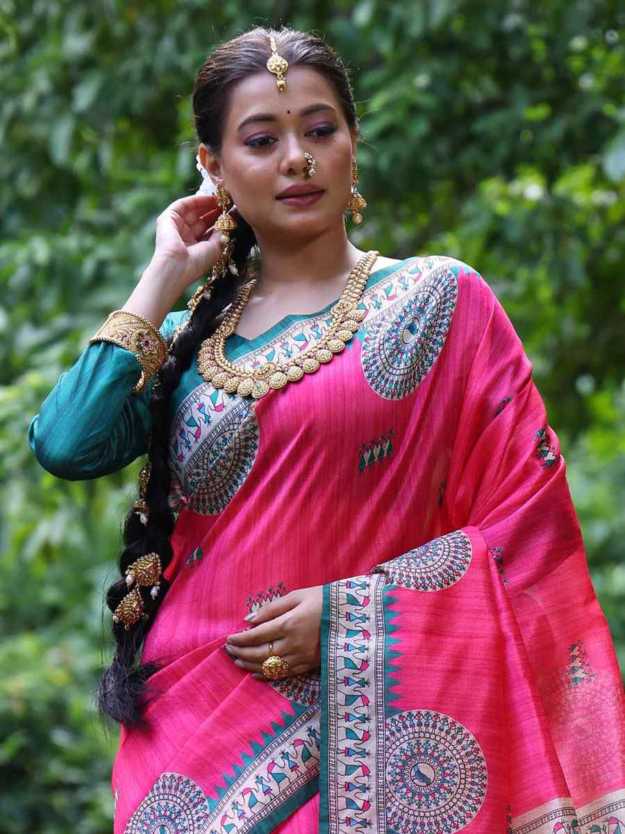 Pink Soft Tussar Silk Printed Casual Reception Festival Wedding Fancy Heavy Border Saree