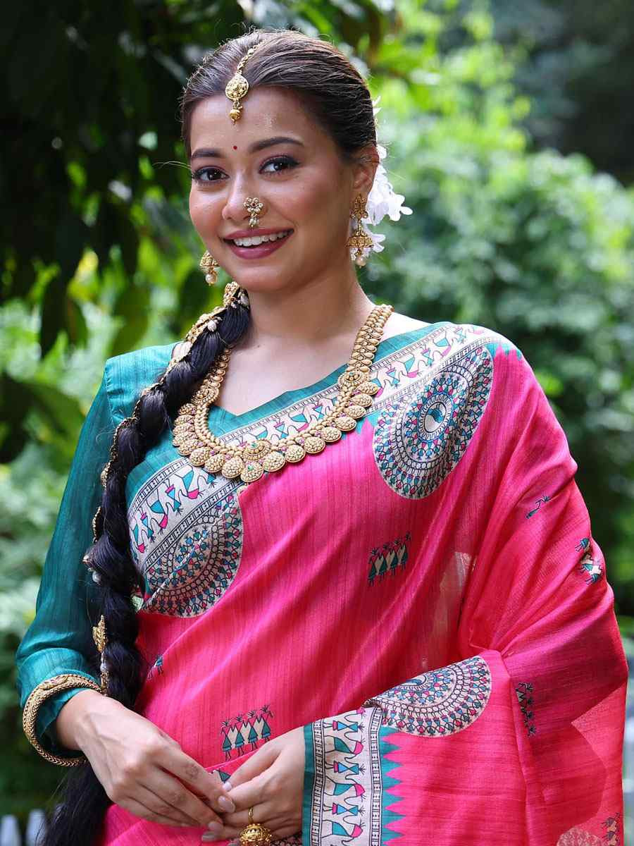 Pink Soft Tussar Silk Printed Casual Reception Festival Wedding Fancy Heavy Border Saree