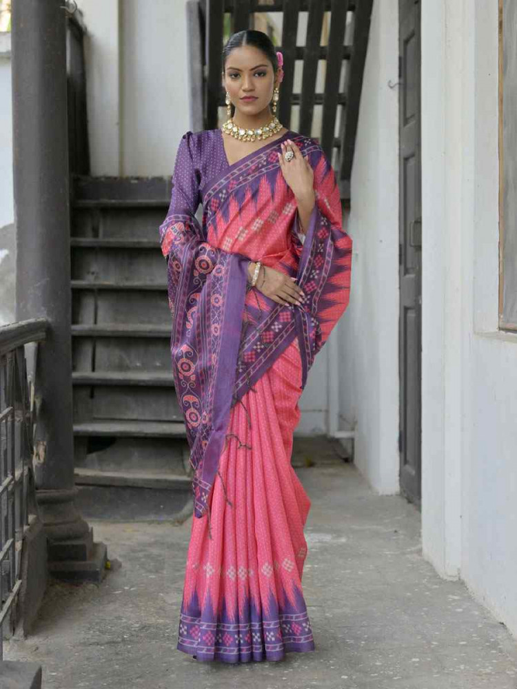 Image of Pink Soft Tussar Silk Printed Traditional Bridal Reception Festival Wedding Fancy Heavy Border Saree