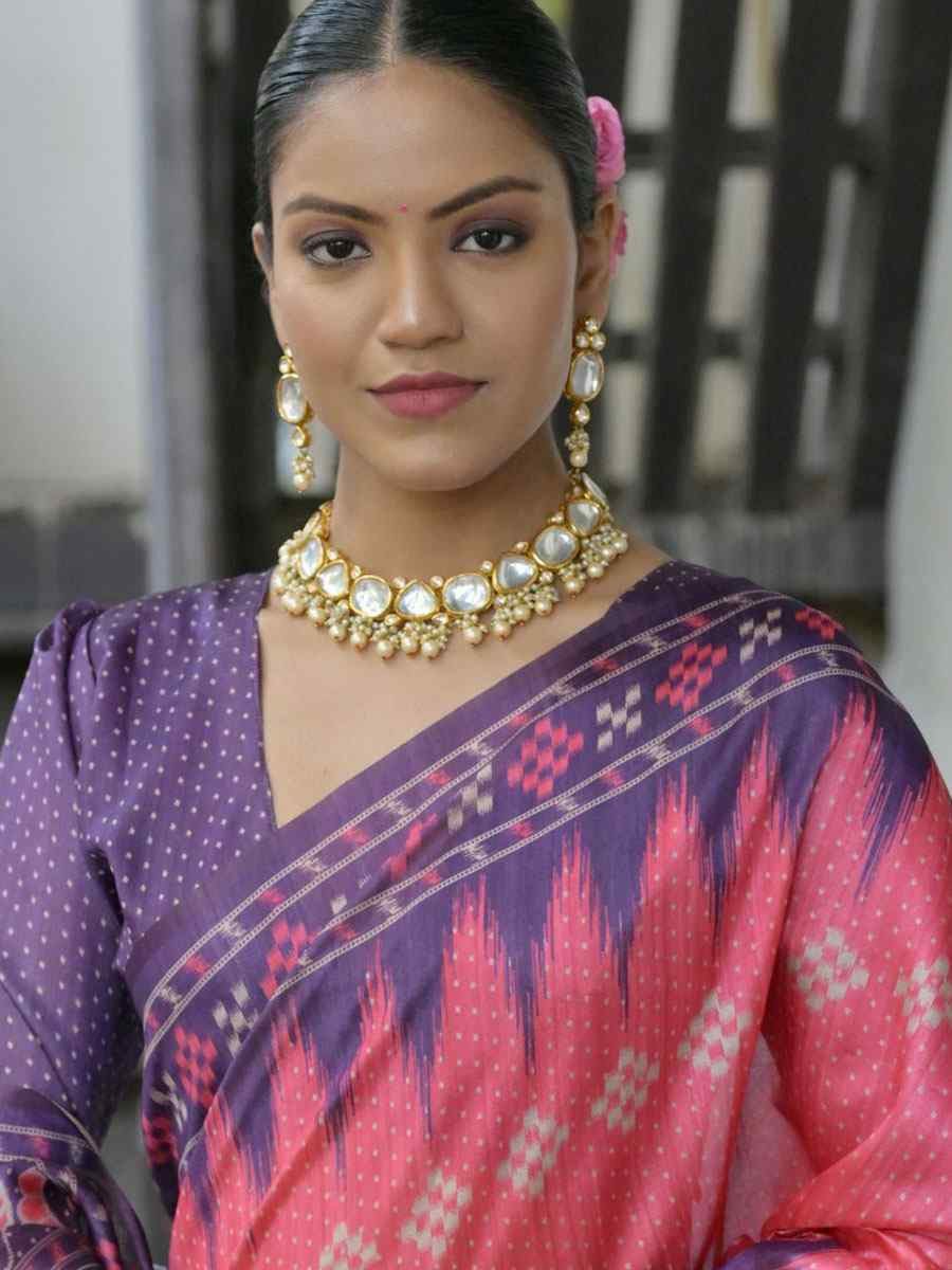 Pink Soft Tussar Silk Printed Traditional Bridal Reception Festival Wedding Fancy Heavy Border Saree