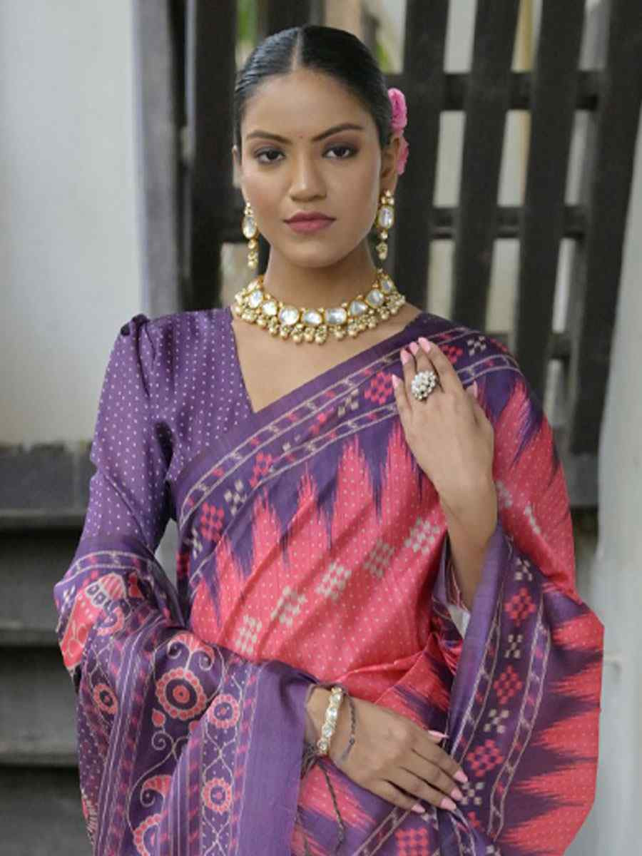 Pink Soft Tussar Silk Printed Traditional Bridal Reception Festival Wedding Fancy Heavy Border Saree