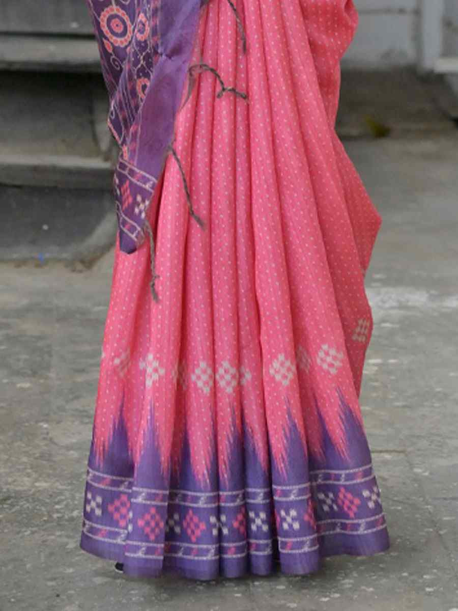 Pink Soft Tussar Silk Printed Traditional Bridal Reception Festival Wedding Fancy Heavy Border Saree