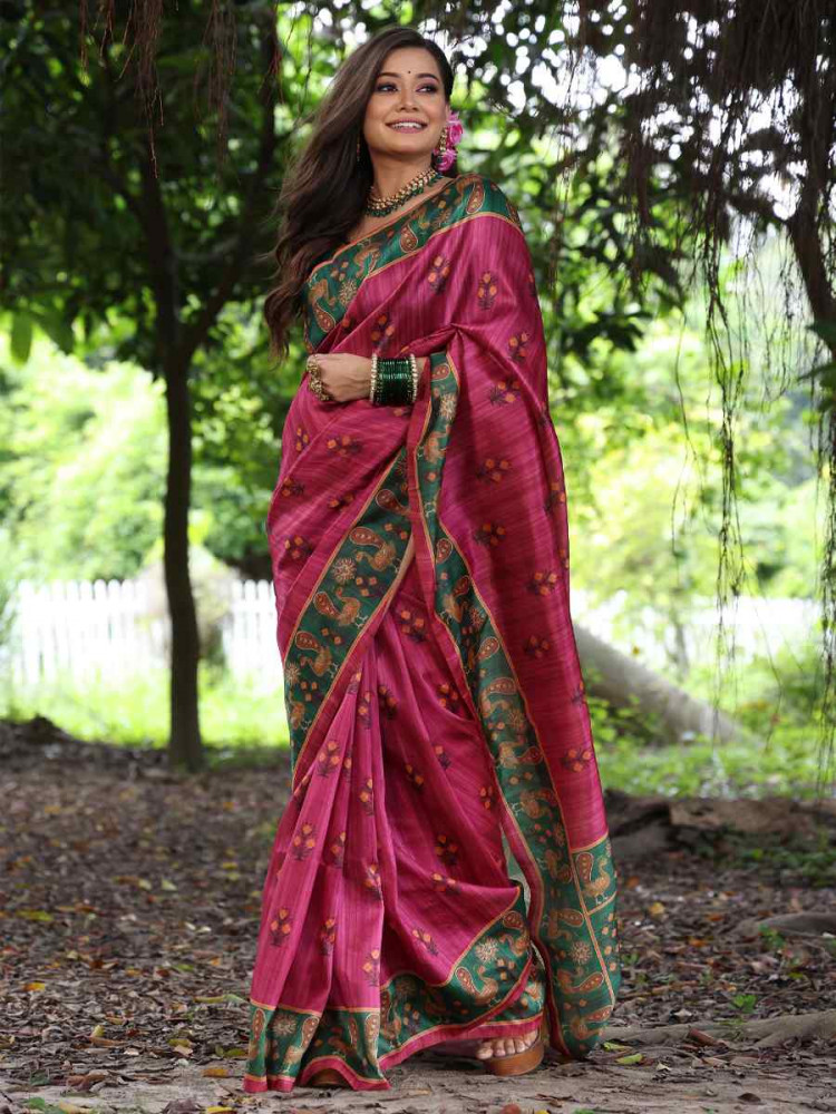 Image of Pink Soft Tussar Silk Zari Handwoven Casual Reception Festival Wedding Fancy Classic Style Sarees