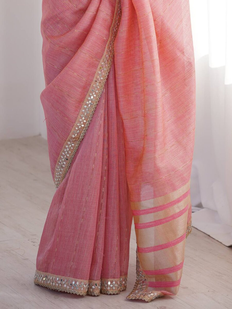 Pink Spun Cotton Embroidery Woven Designer Wedding Reception Party Festival Casual Heavy Border Sarees