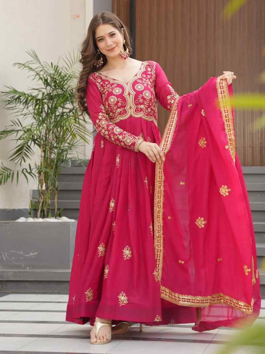Pink Star Georgette Embroidered Festival Casual Gown