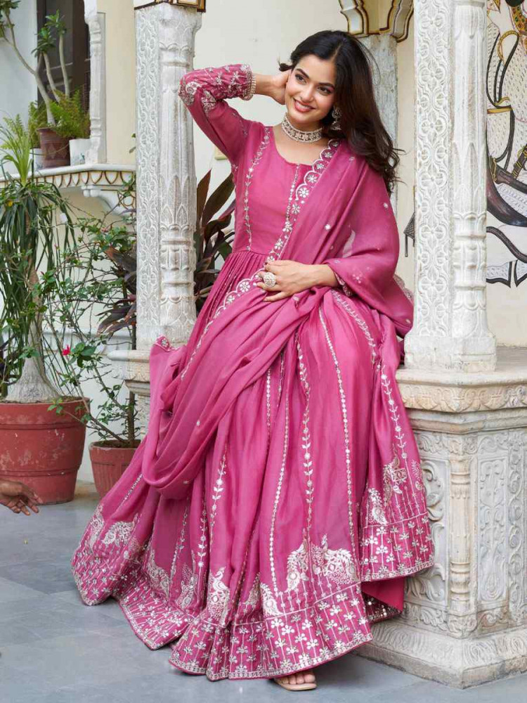 Image of Pink Star Georgette Embroidered Festival Casual Gown Women Wear