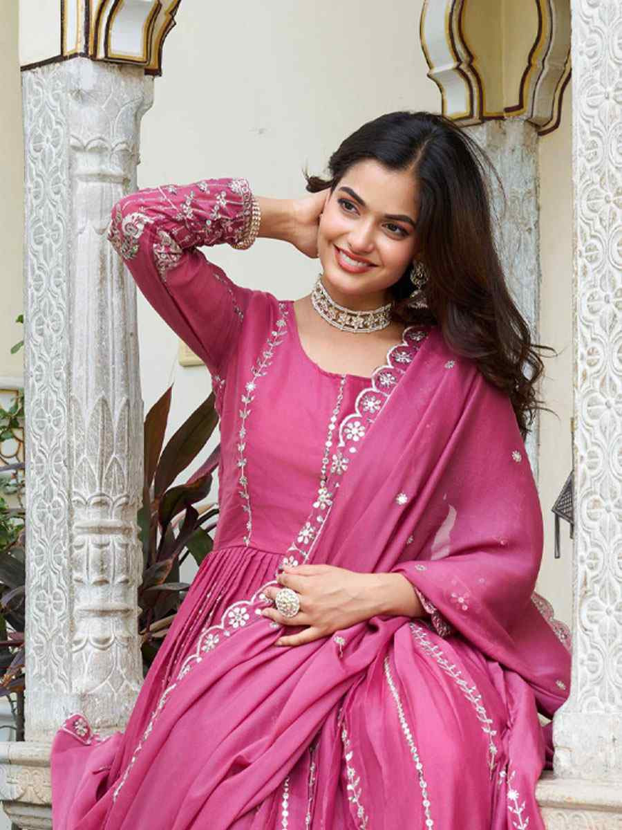 Pink Star Georgette Embroidered Festival Casual Gown Women Wear