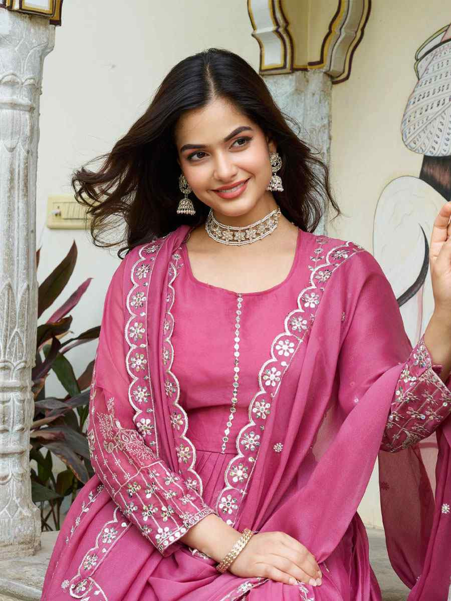 Pink Star Georgette Embroidered Festival Casual Gown Women Wear