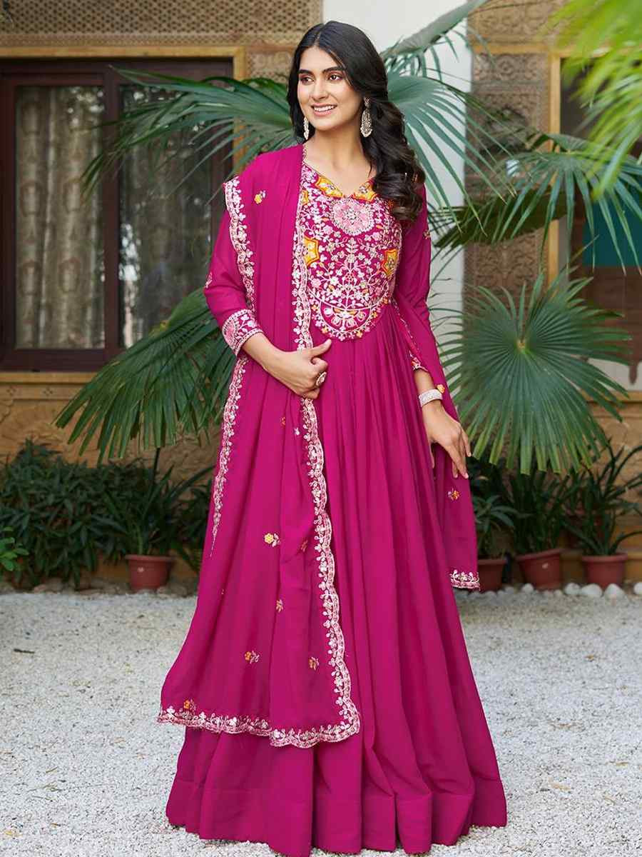 Pink Star Georgette Embroidered Festival Party Gown