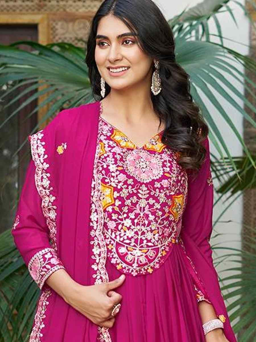 Pink Star Georgette Embroidered Festival Party Gown
