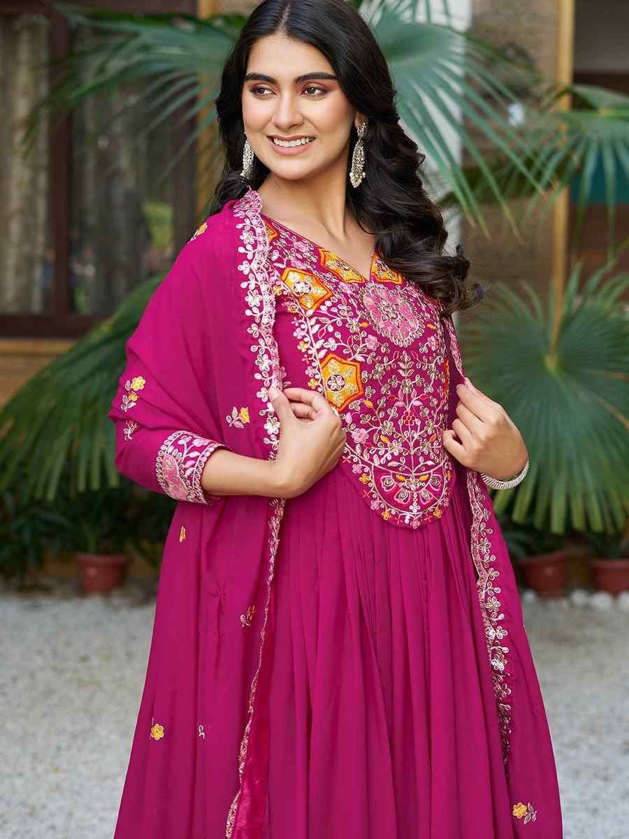 Pink Star Georgette Embroidered Festival Party Gown