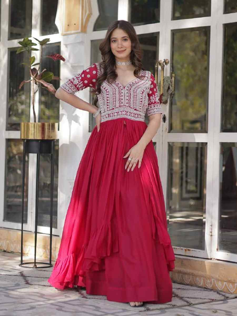 Pink Star Georgette Embroidery Reception Party Wear Kurti Lehenga Choli