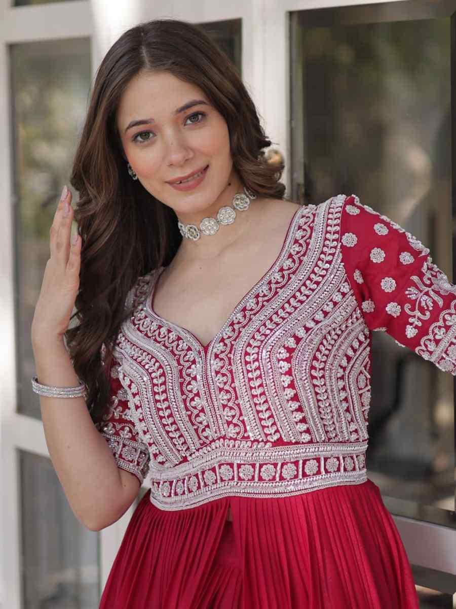 Pink Star Georgette Embroidery Reception Party Wear Kurti Lehenga Choli