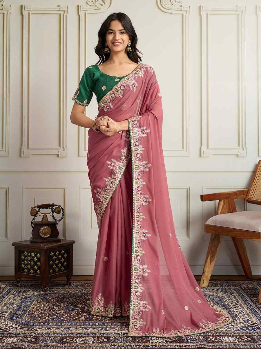 Pink Star Georgette Embroidery Traditional Bridal Reception Festival Wedding Fancy Heavy Border Saree