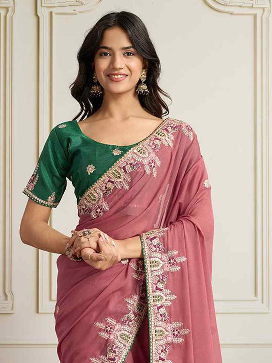 Pink Star Georgette Embroidery Traditional Bridal Reception Festival Wedding Fancy Heavy Border Saree