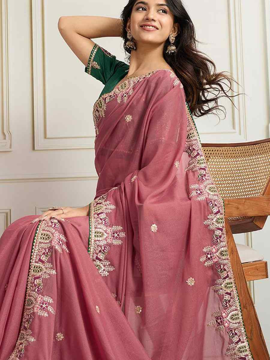 Pink Star Georgette Embroidery Traditional Bridal Reception Festival Wedding Fancy Heavy Border Saree