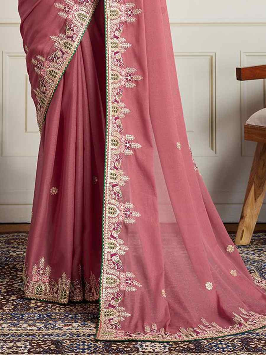 Pink Star Georgette Embroidery Traditional Bridal Reception Festival Wedding Fancy Heavy Border Saree