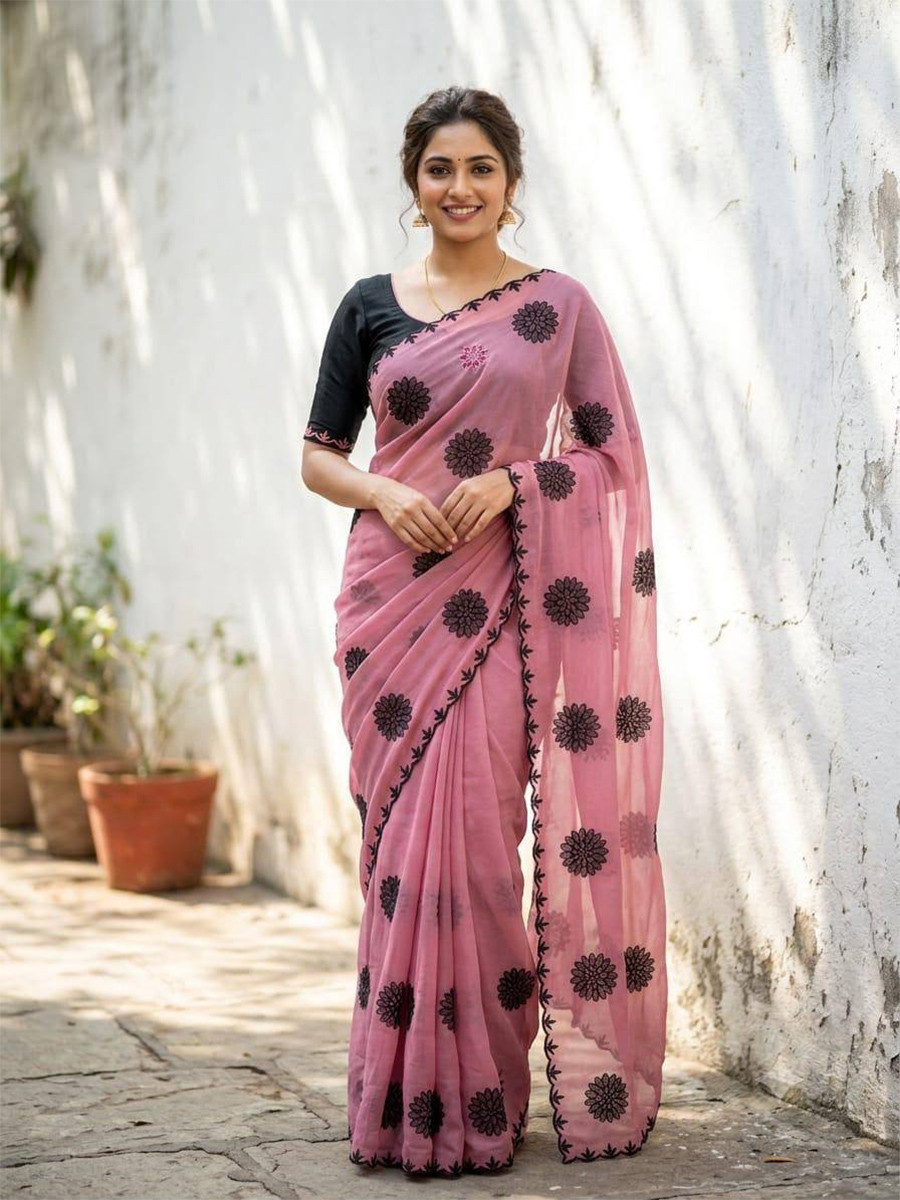 Pink Star Georgette Embroidery Wedding Reception Party Festival Casual Heavy Border Sarees