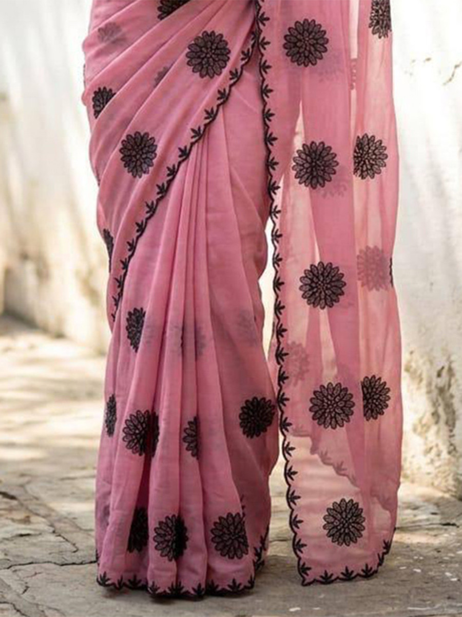 Pink Star Georgette Embroidery Wedding Reception Party Festival Casual Heavy Border Sarees